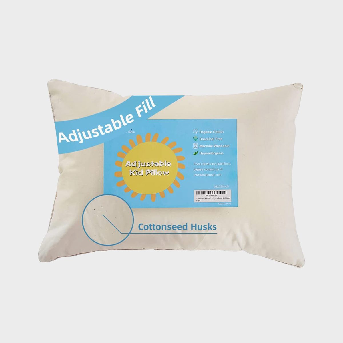 Pillow features adjustable fill in a room; labeled "Adjustable Kid Pillow" with benefits like organic, chemical-free, machine washable, and hypoallergenic.