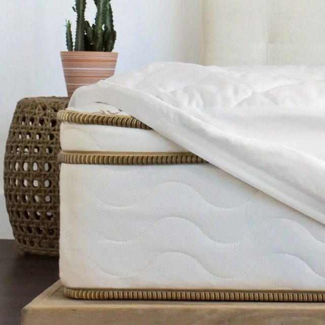 Mattress on a wooden bed frame, with a white quilt partly folded back; wicker table and potted cactus in the background.
