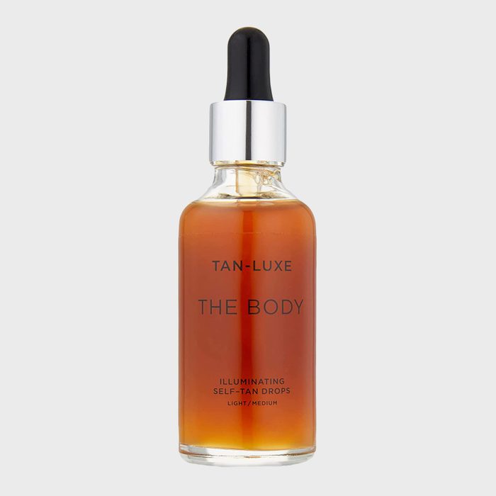 Dropper bottle contains self-tan drops, labeled 