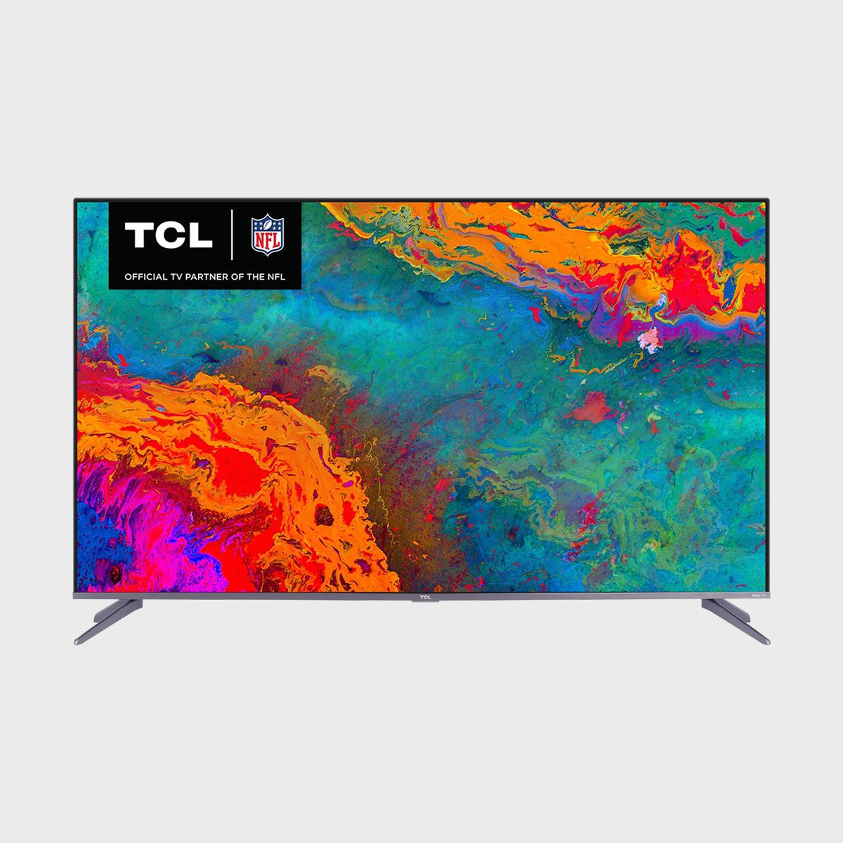 Television displaying vibrant, colorful abstract art; TCL and NFL logos in the upper left corner.