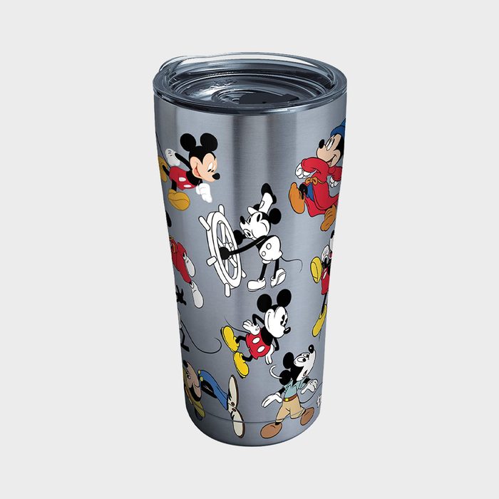 Tumbler displays multiple cartoon characters in dynamic poses, set against a metallic background.
