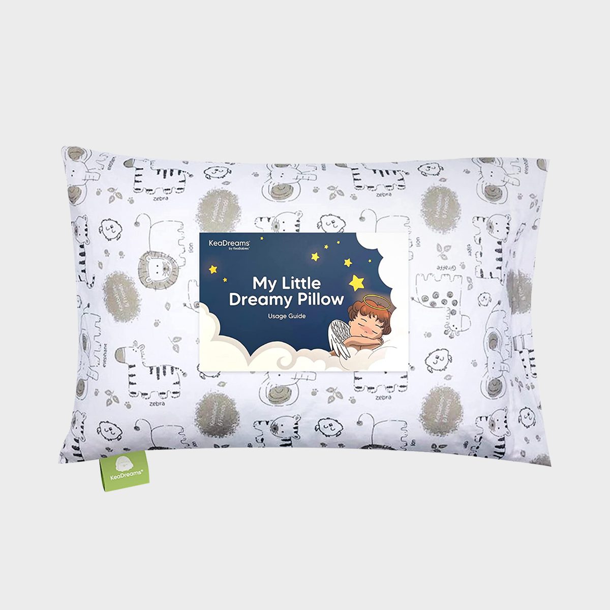 Pillow decorated with animal illustrations, labeled "My Little Dreamy Pillow," featuring a cute sleeping angel, set against a light-colored background.