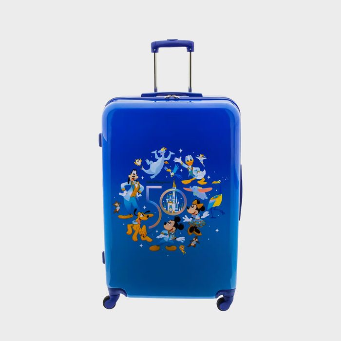 A blue suitcase features cartoon characters celebrating, surrounded by stars and the number 