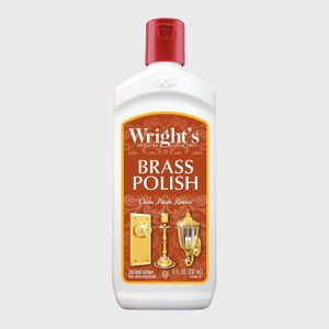 Bottle displays Wright's Brass Polish, featuring images of polished brass items. Text highlights its function: 