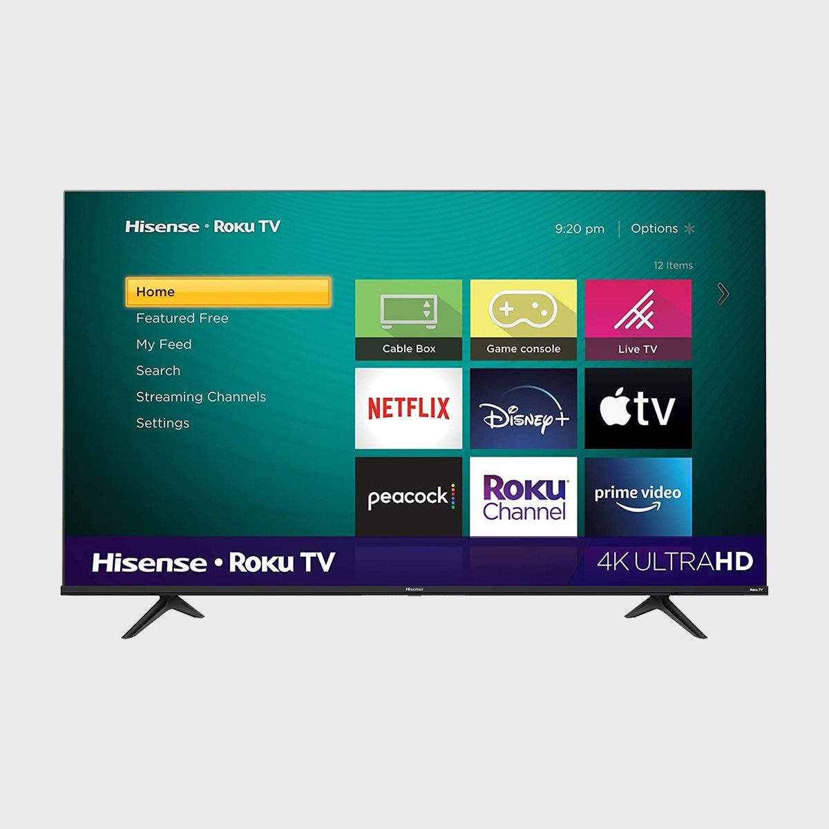 TV displays streaming apps menu with options like Netflix and Disney+; set in a simple home screen interface showing time and settings.