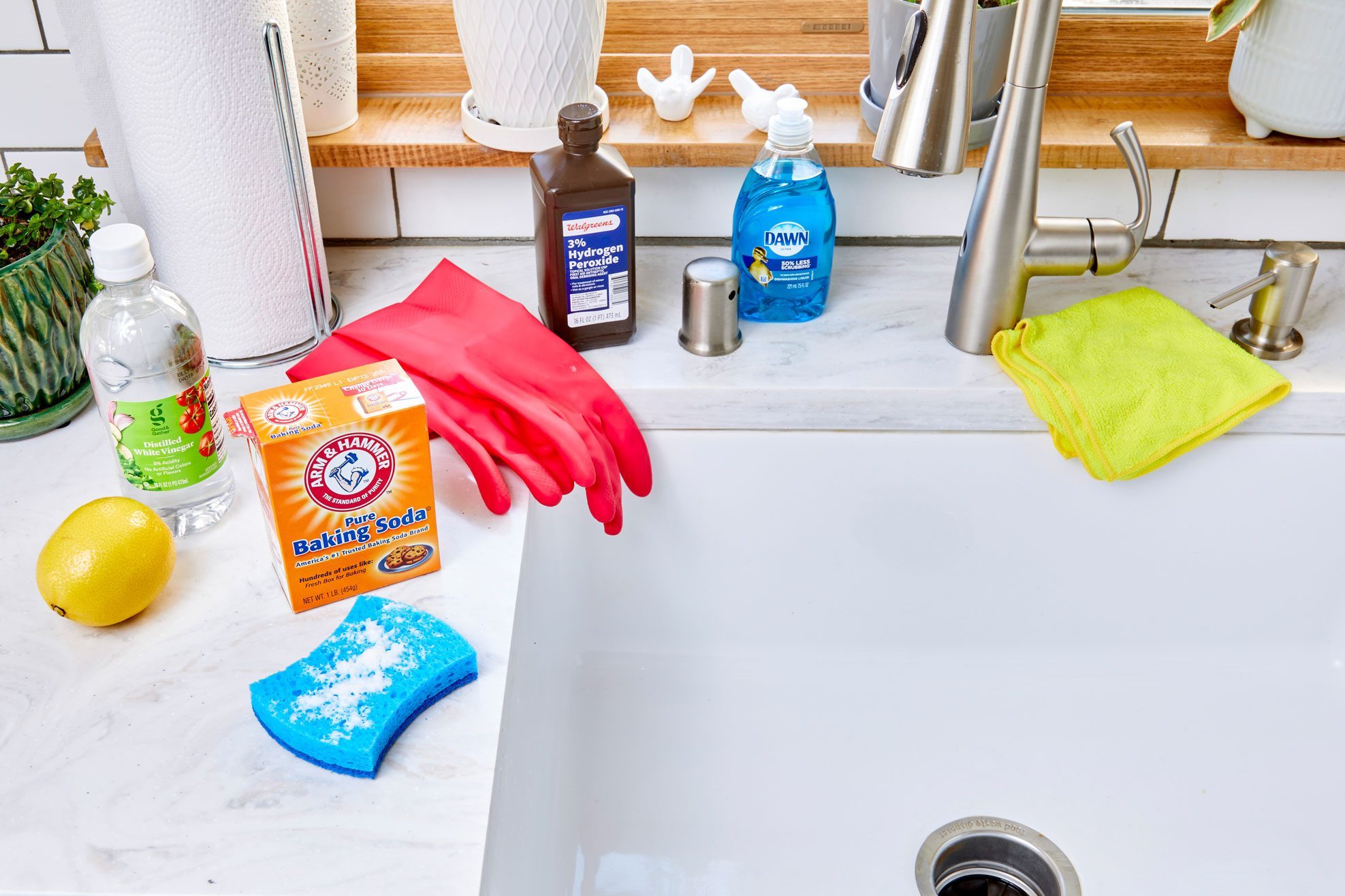 kitchen sink with supplies next to it for scrubbing the basin