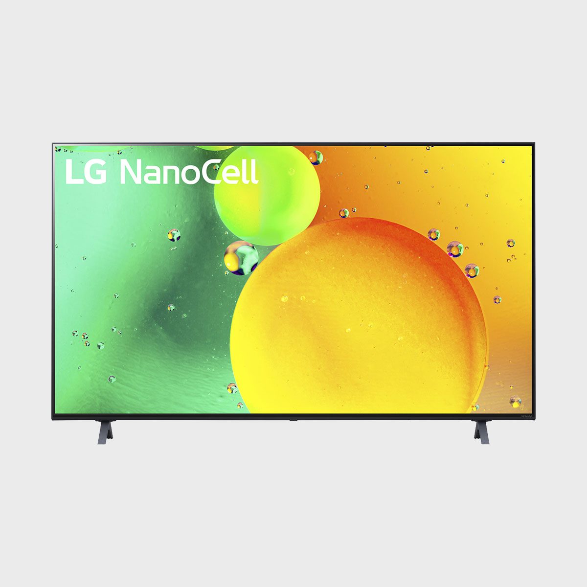 Television displaying vibrant bubbles on screen, labeled "LG NanoCell," with green and yellow hues, set against a plain background.