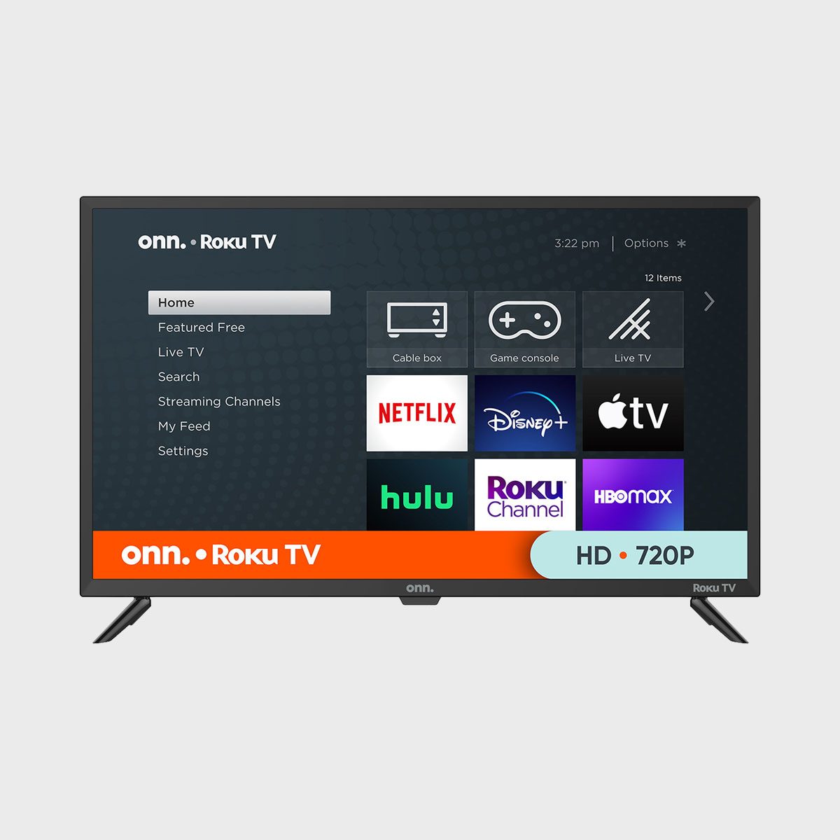 A television displaying streaming app icons (Netflix, Hulu) and options. The brand is onn. with Roku, HD 720P resolution indicated.