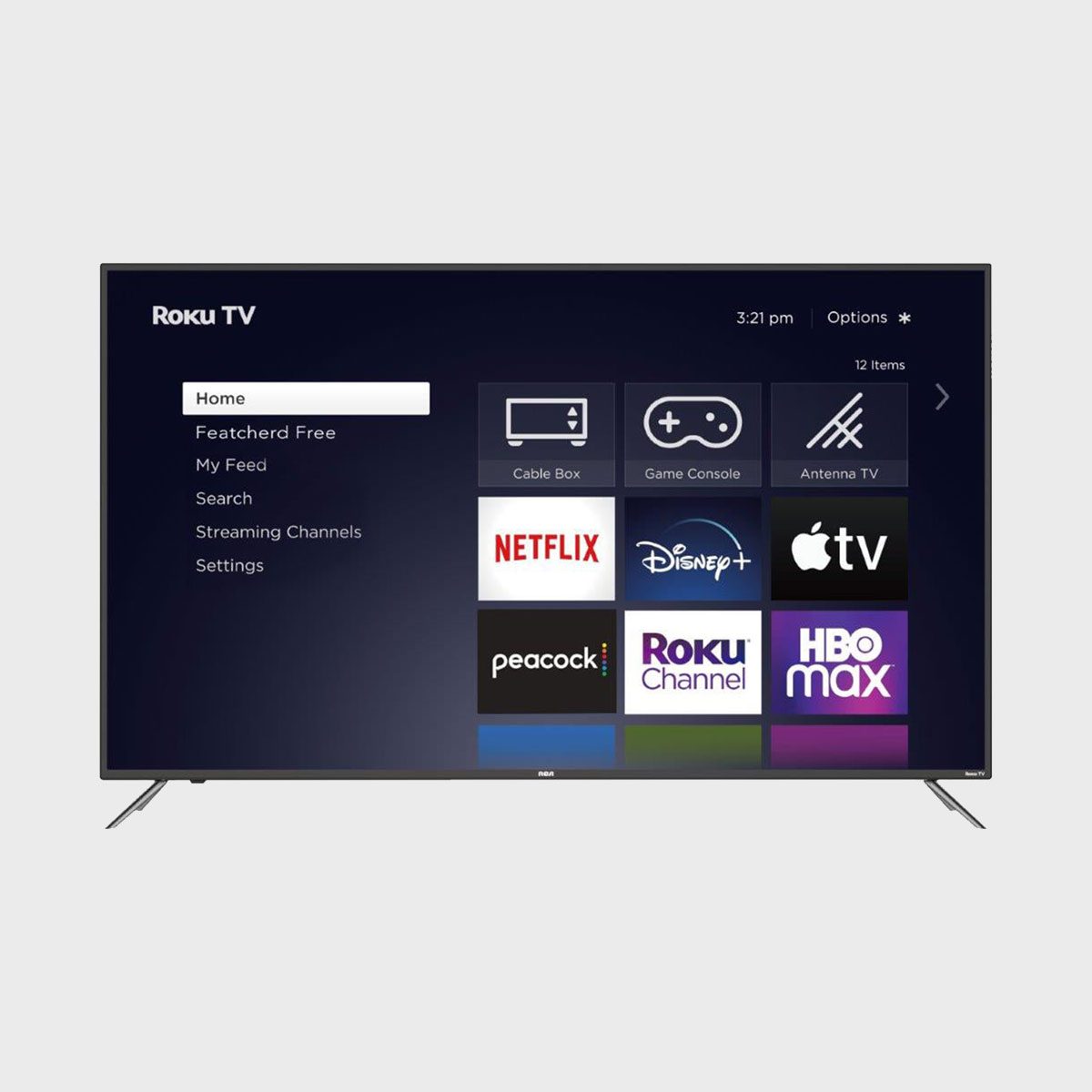 Television displaying Roku home screen, showing streaming app icons like Netflix, Disney+, Apple TV, and menu options, against a plain background.