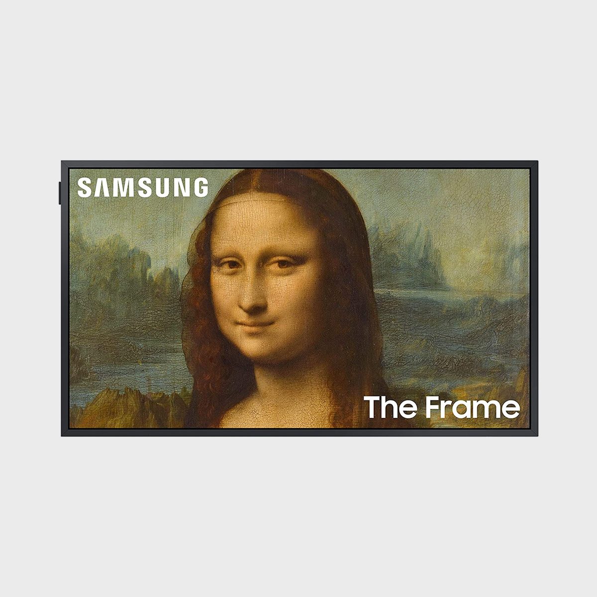 Screen displays Mona Lisa, surrounded by art-like frame. Words "SAMSUNG" and "The Frame" appear on top and bottom right corners.