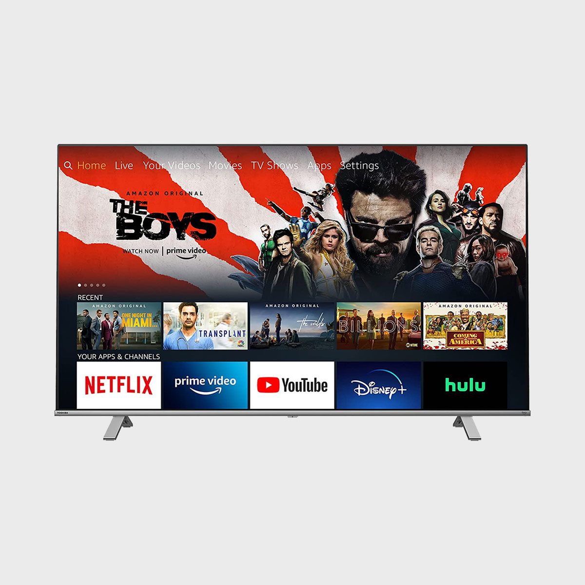 A television displays streaming apps and shows, featuring a prominent banner for "The Boys" amidst various entertainment options in a home interface.