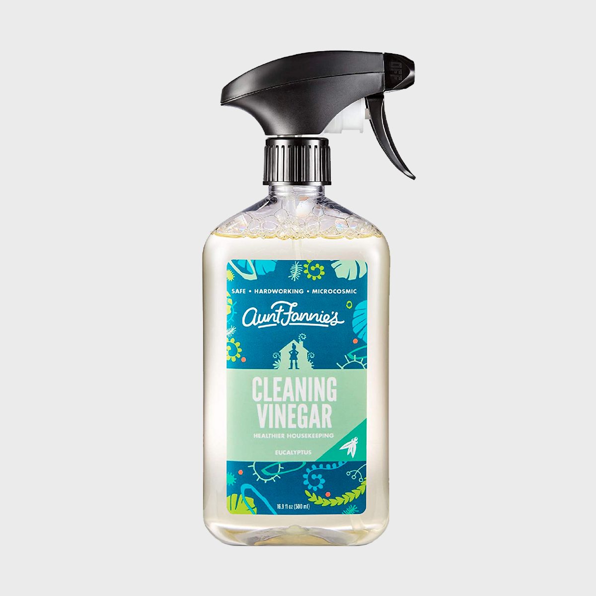 Spray bottle labeled "Cleaning Vinegar" stands upright, featuring a blue and green design, in a plain white background.