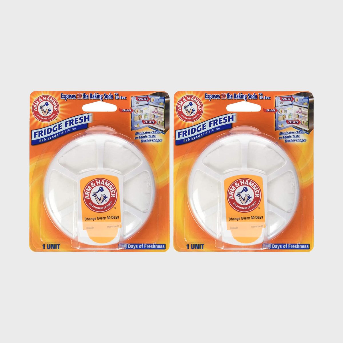 Two Arm & Hammer Fridge Fresh baking soda filters in orange packaging, displayed to promote eliminating odors and maintaining freshness in refrigerators.