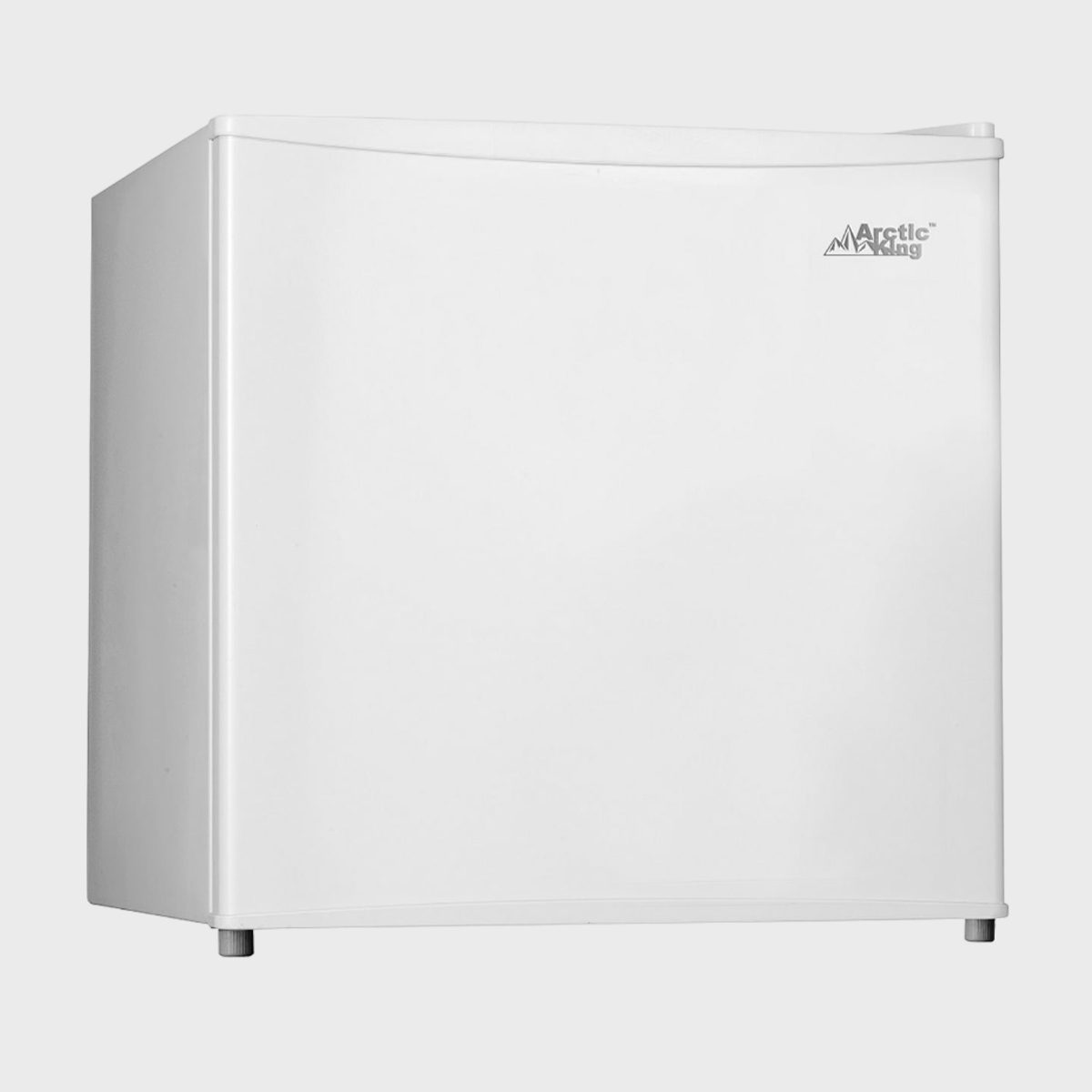 White mini fridge standing idle against a plain background, featuring the "Arctic King" logo on the top right corner.