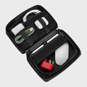 Electronics organizer holds cables, adapter, and mouse in padded compartments, within a zippered black case on a plain background.