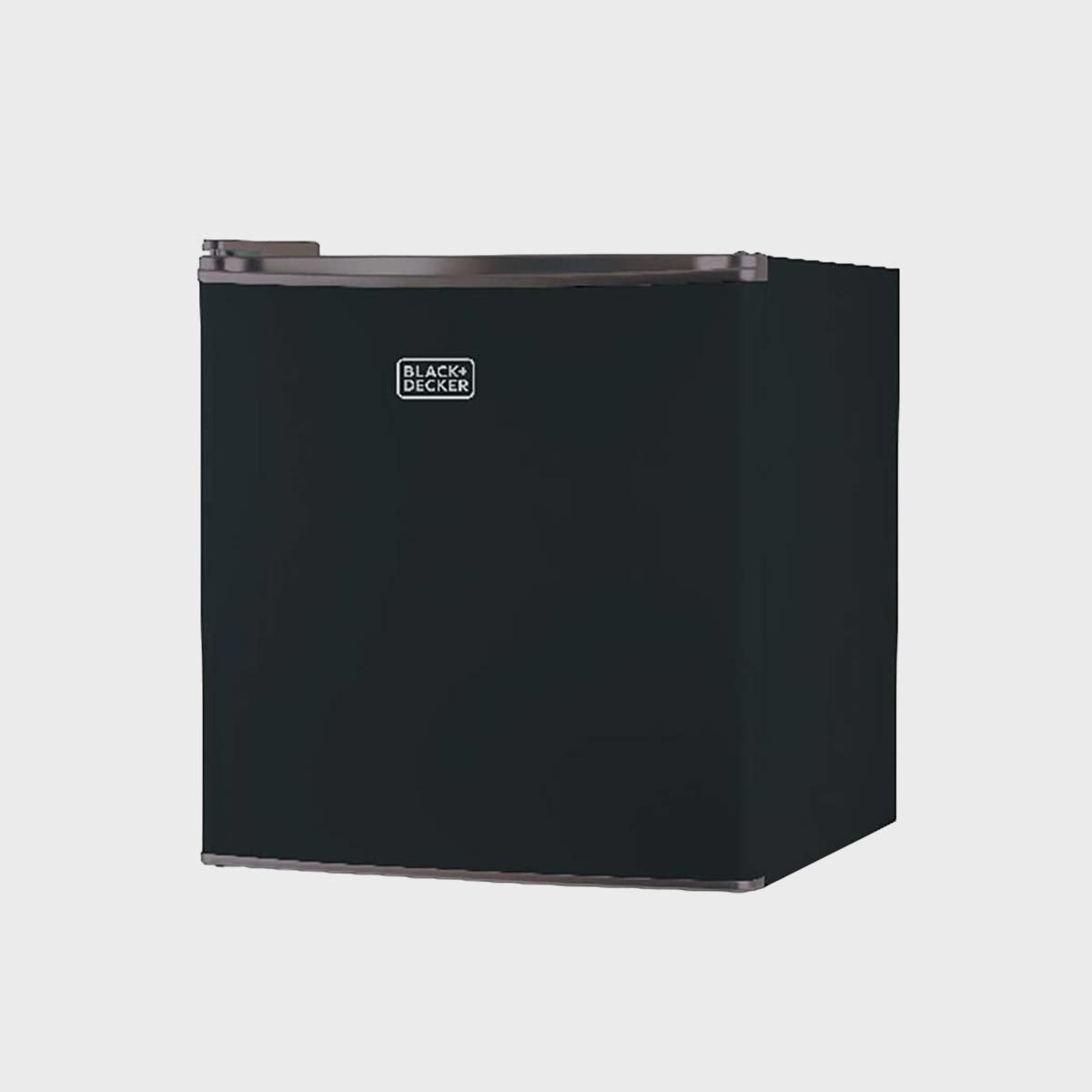 Black mini fridge stands upright, displaying a "BLACK+DECKER" logo centered on the door, set against a plain white background.
