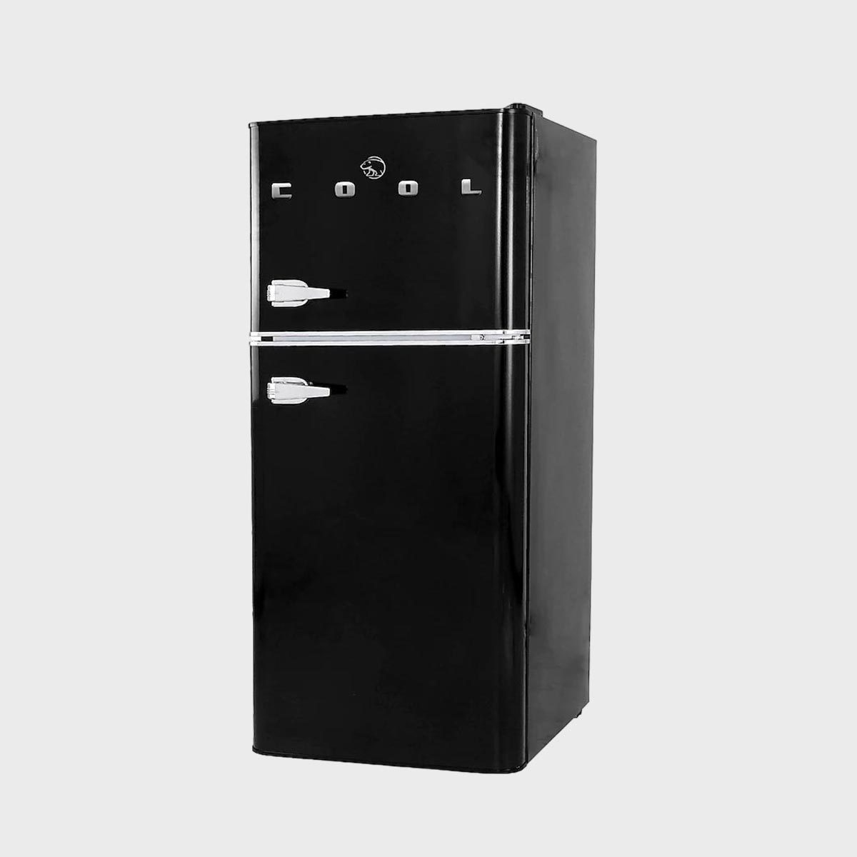 Black retro-style refrigerator stands upright, featuring chrome handles and "COOL" text, against a plain gray background.