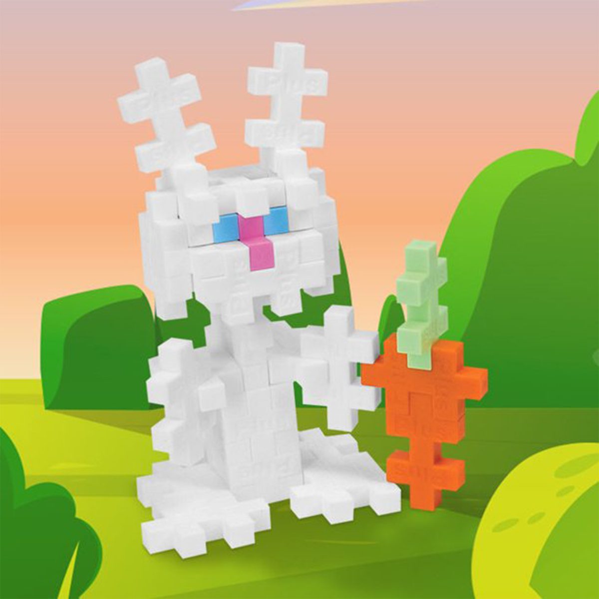 White block rabbit holds orange block carrot, standing in front of green hills with a pastel sunset background.