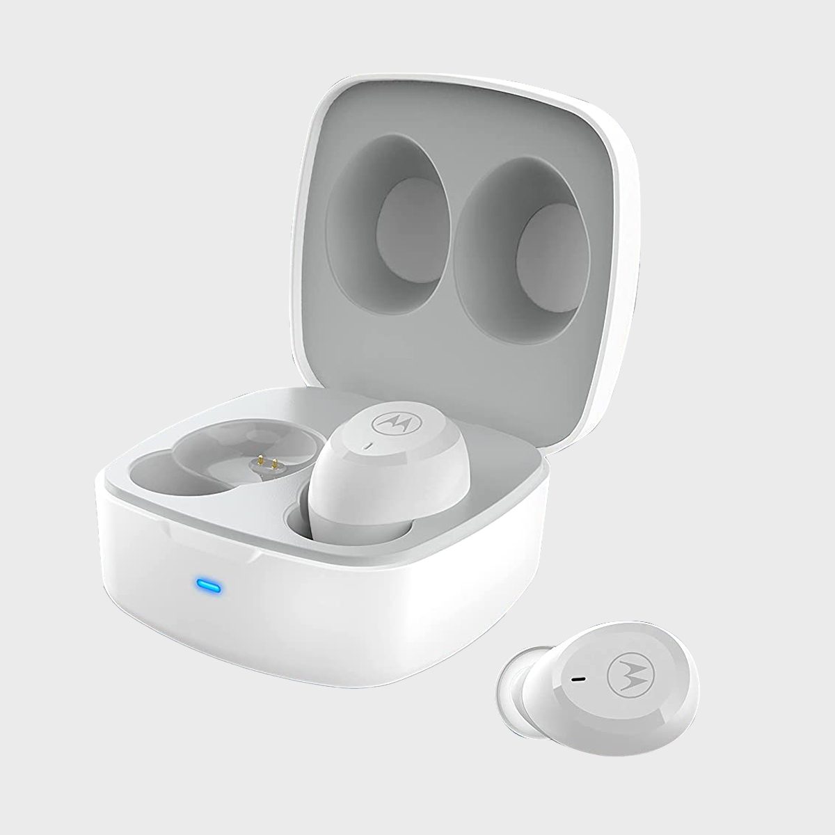 White wireless earbuds rest in an open charging case with glowing blue indicator, placed on a plain light gray background.