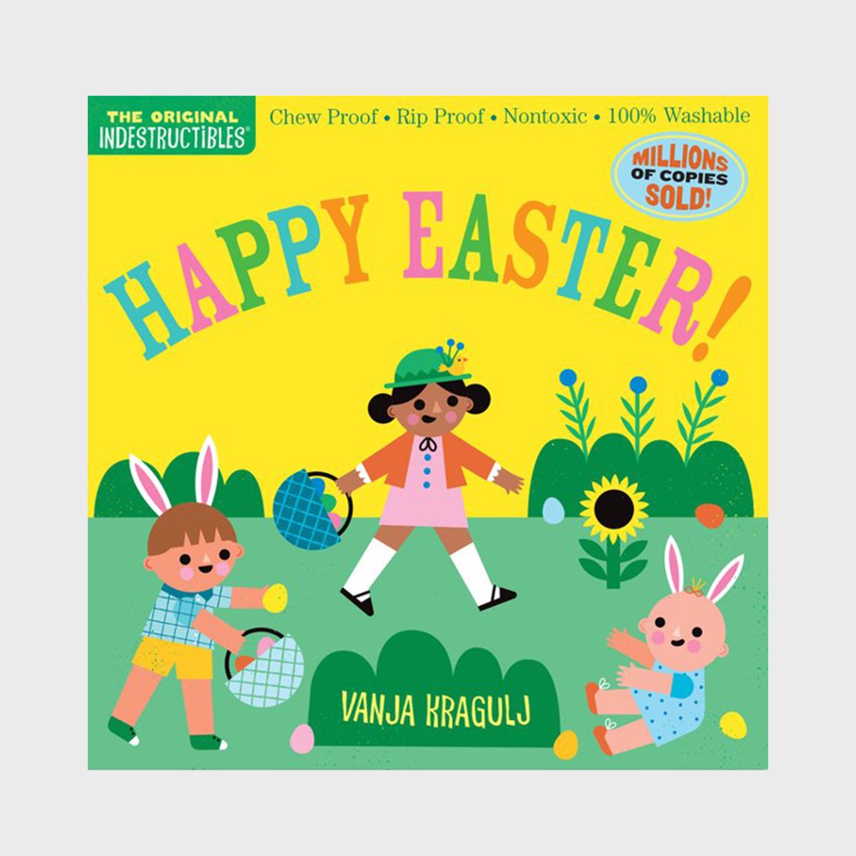 Children collect eggs in a colorful, vibrant garden. Text: "HAPPY EASTER!" and "VANJA KRAGULJ." Describes book as chew, rip-proof, nontoxic, washable.