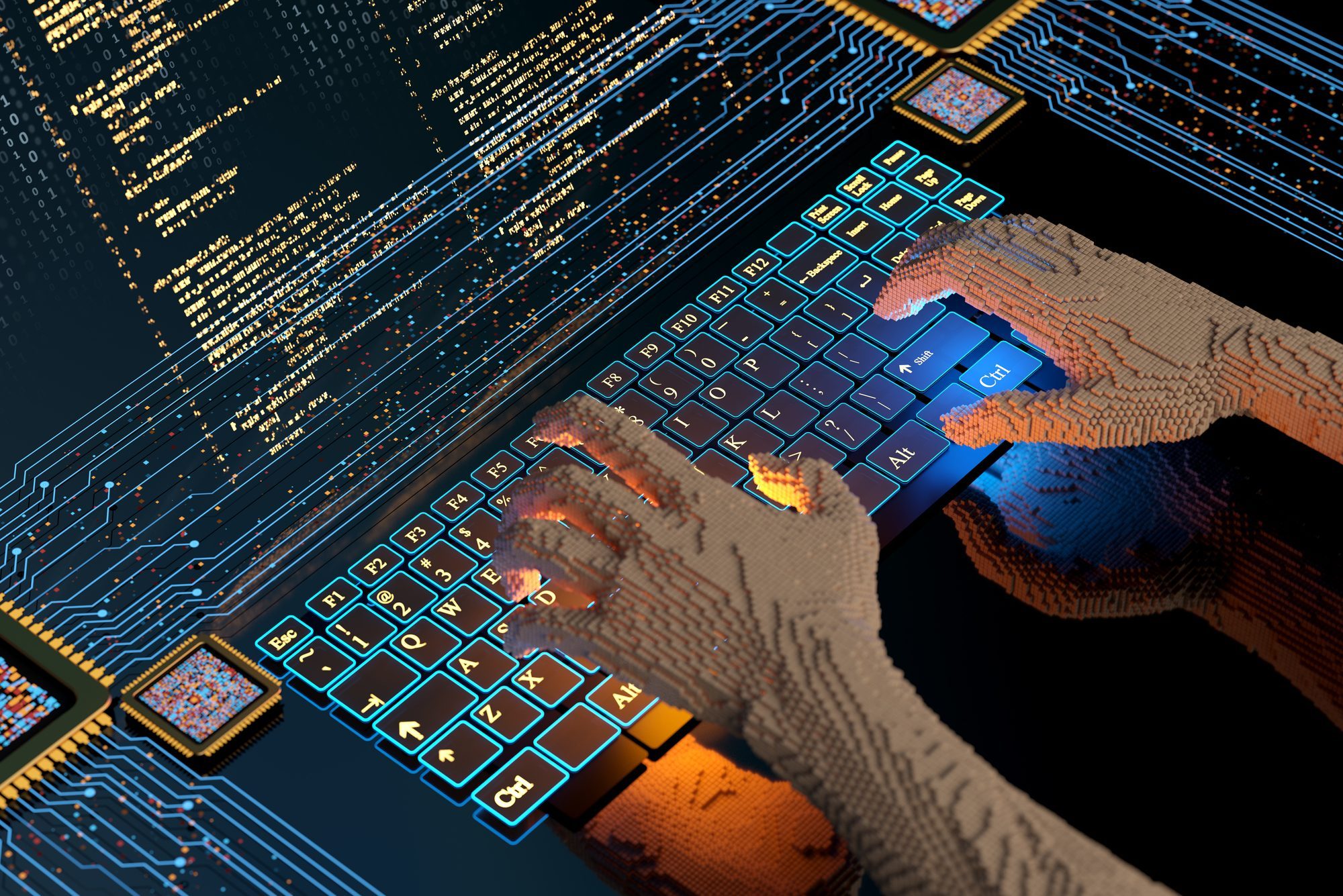 Abstract 3d concept. Pixel hands typing program code on the keyboard