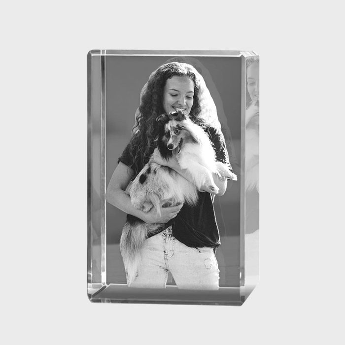 A 3D crystal contains an etched image of a person holding a fluffy dog, set against a plain background.