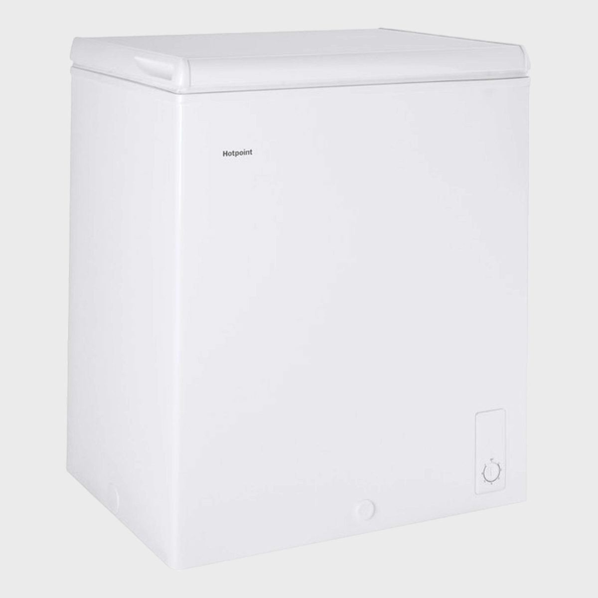White freezer standing still; its control panel visible on the lower right. The brand "Hotpoint" is printed on the upper left.