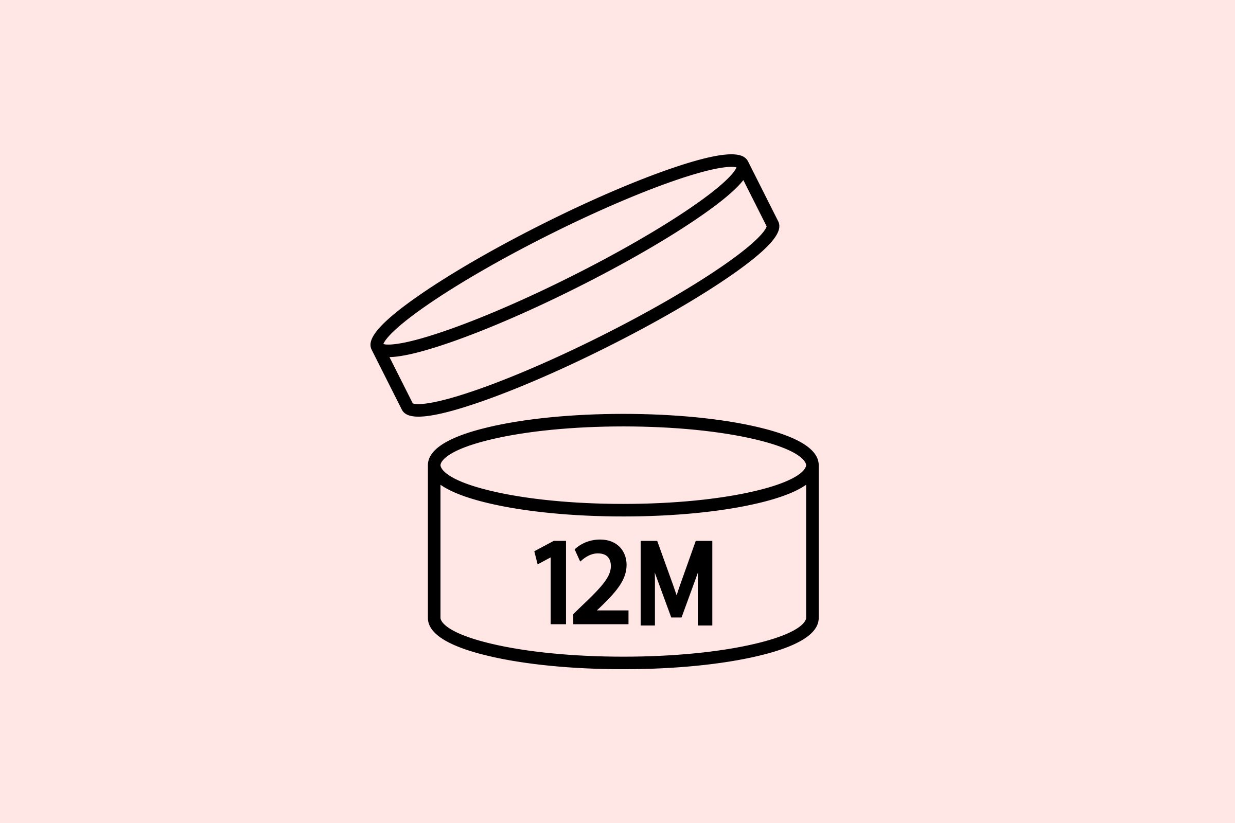 Container with lid opening upward, displaying "12M" on the side, set against a pale pink background.