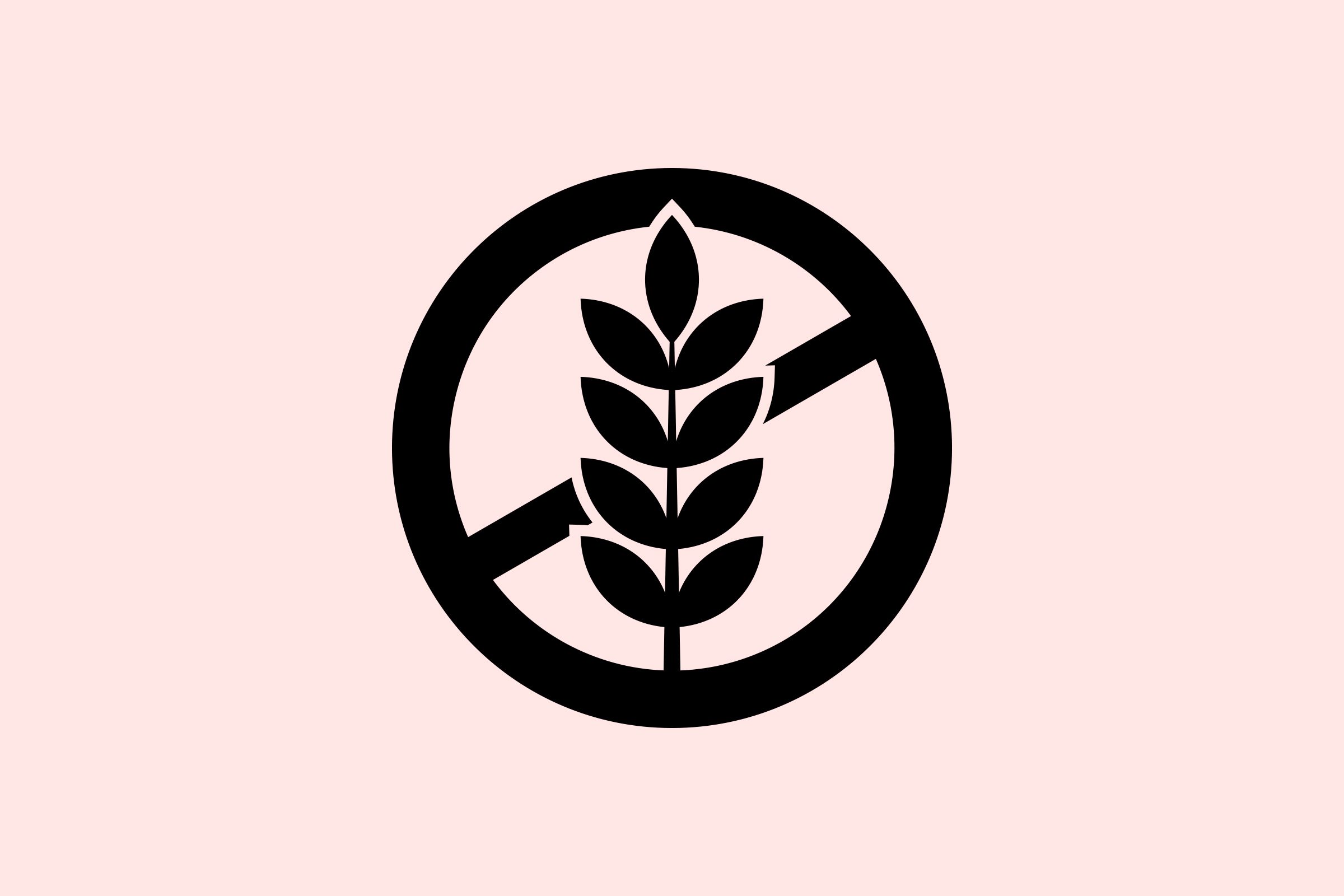 A wheat icon is crossed out by a diagonal line within a circle, indicating gluten-free. The background is light pink.