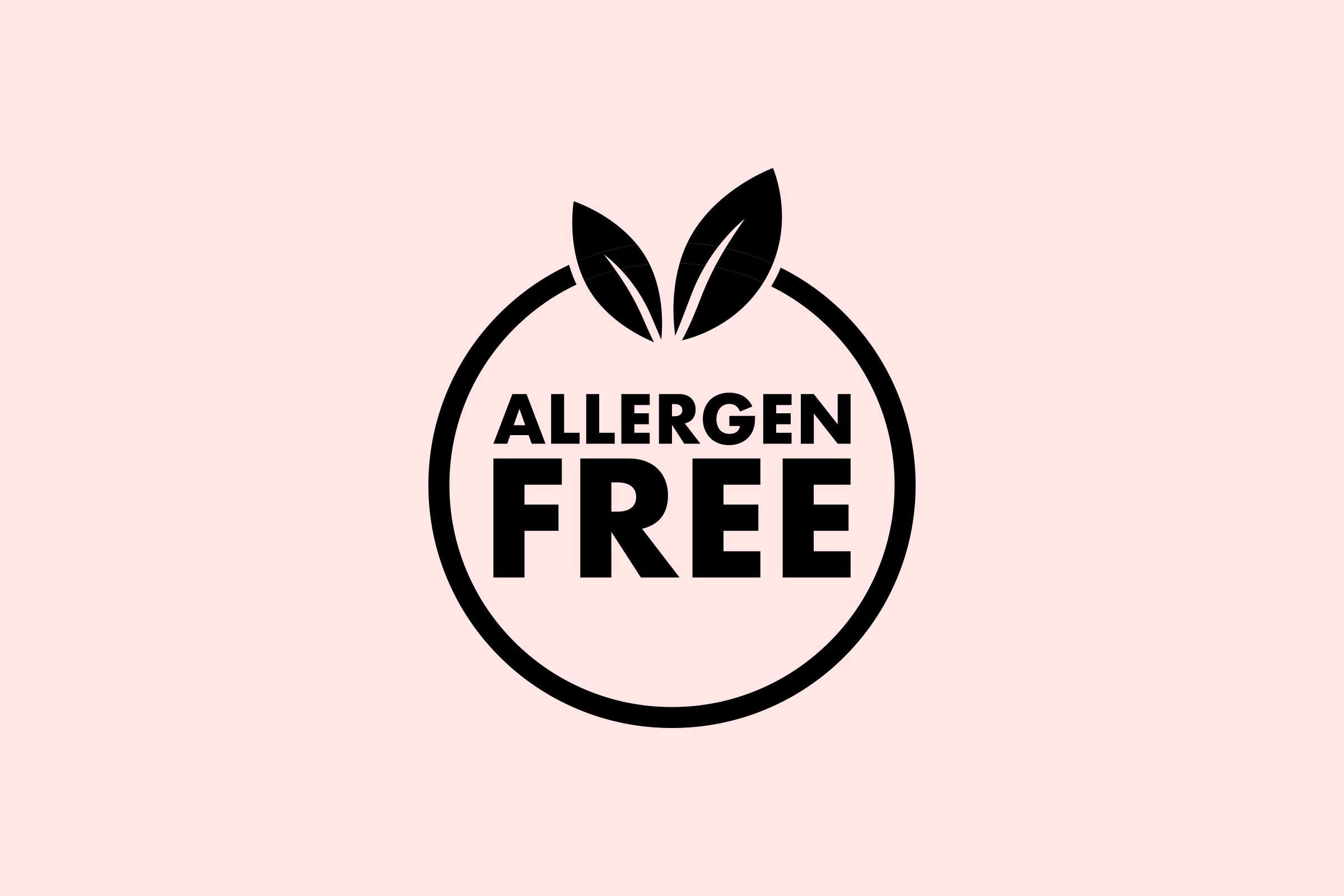 Circle encloses "ALLERGEN FREE" text with two leaves emerging from top, set against a light pink background.