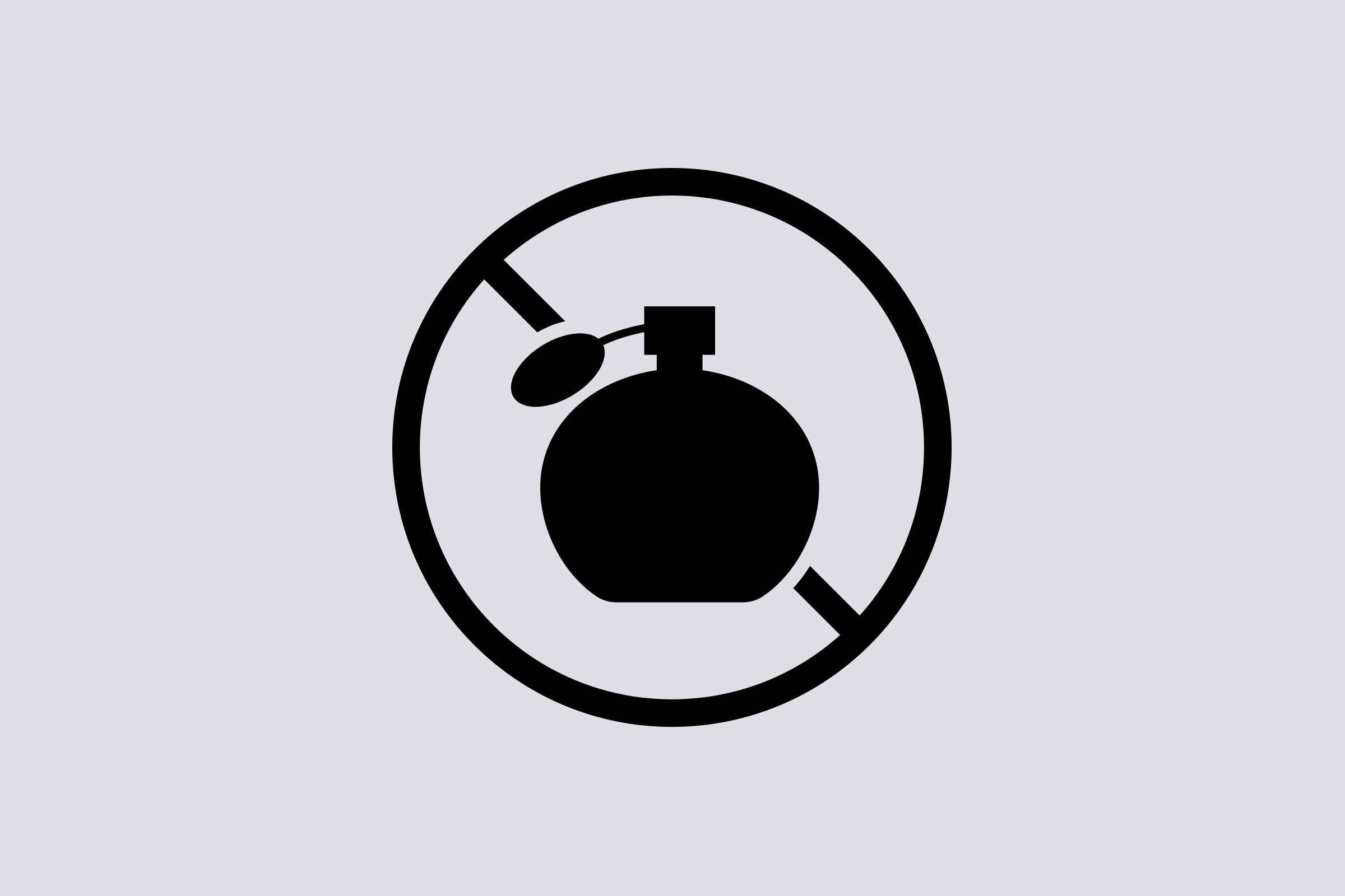 Silhouette of a perfume bottle crossed out within a circle, indicating a prohibition on perfumes. Background is light gray.