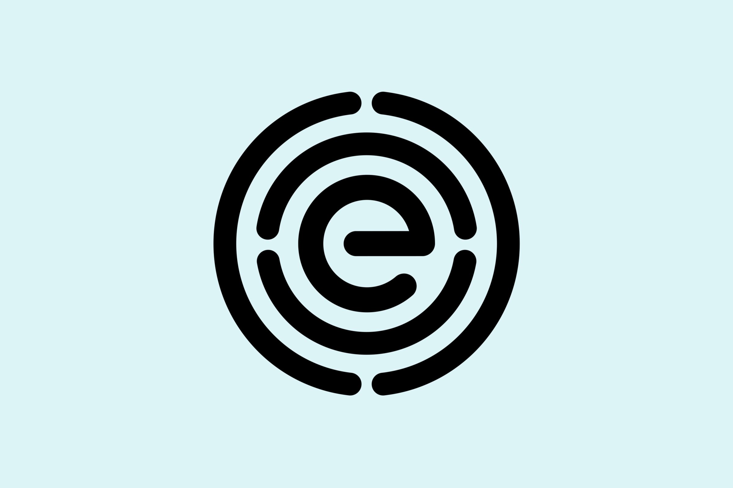 Circular black logo displays lowercase "e," surrounded by concentric lines, on a light blue background.