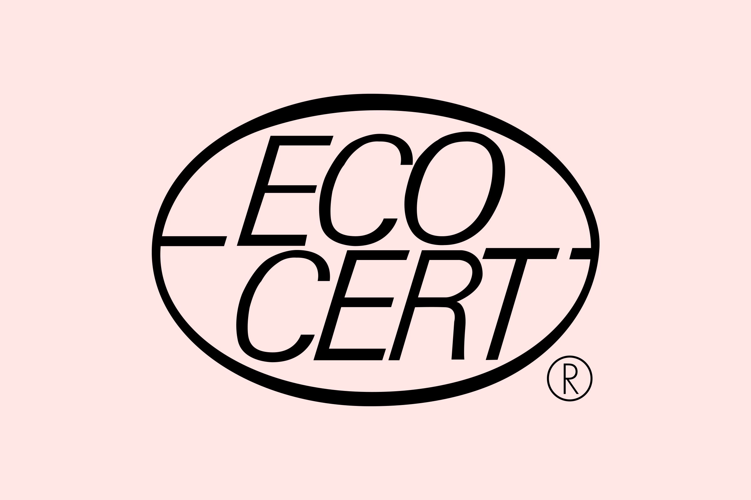 Text "ECO CERT" in bold within an oval, with a registered trademark symbol, on a light pink background.