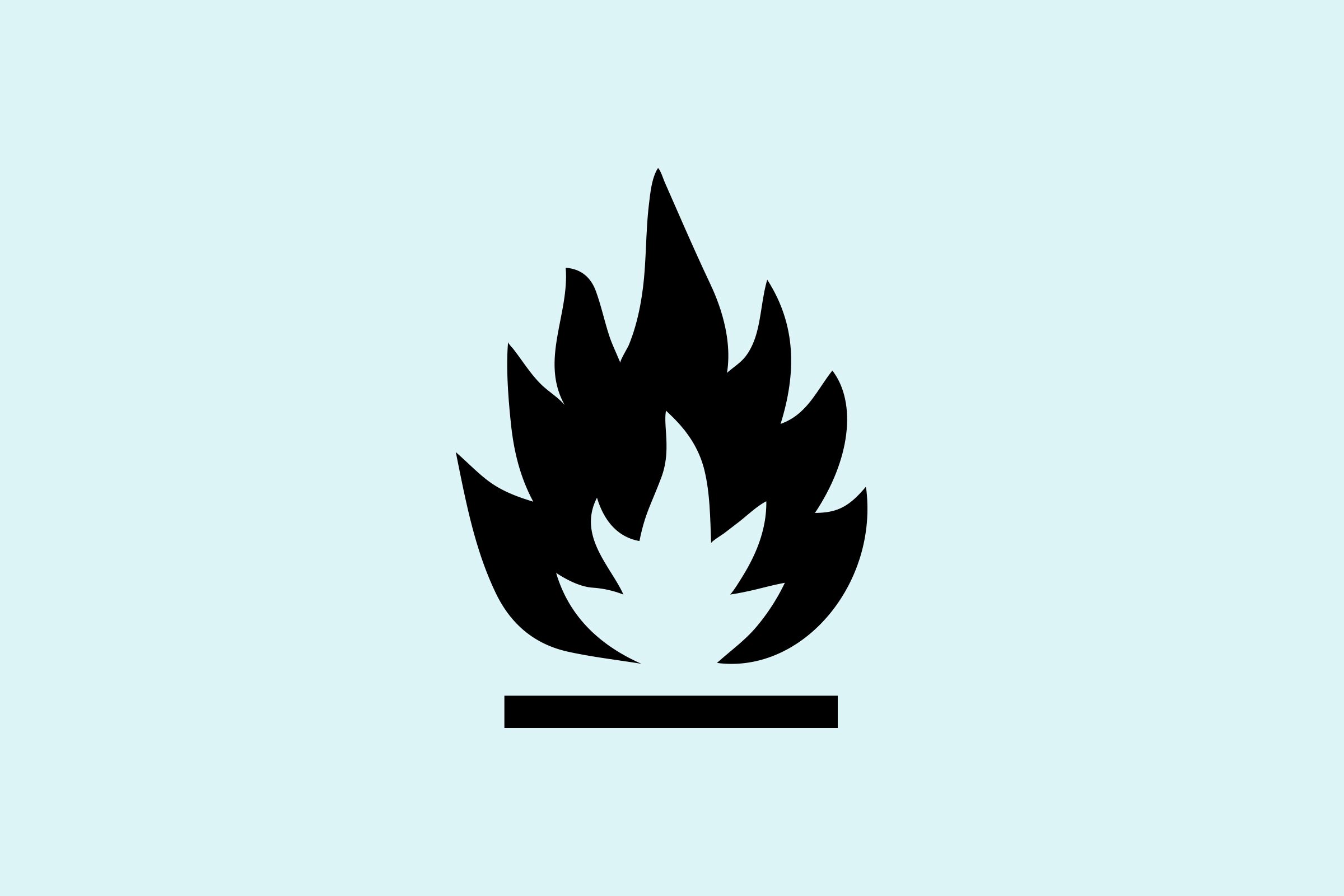 Black flame symbol stands still on a light blue background, indicating flammability.