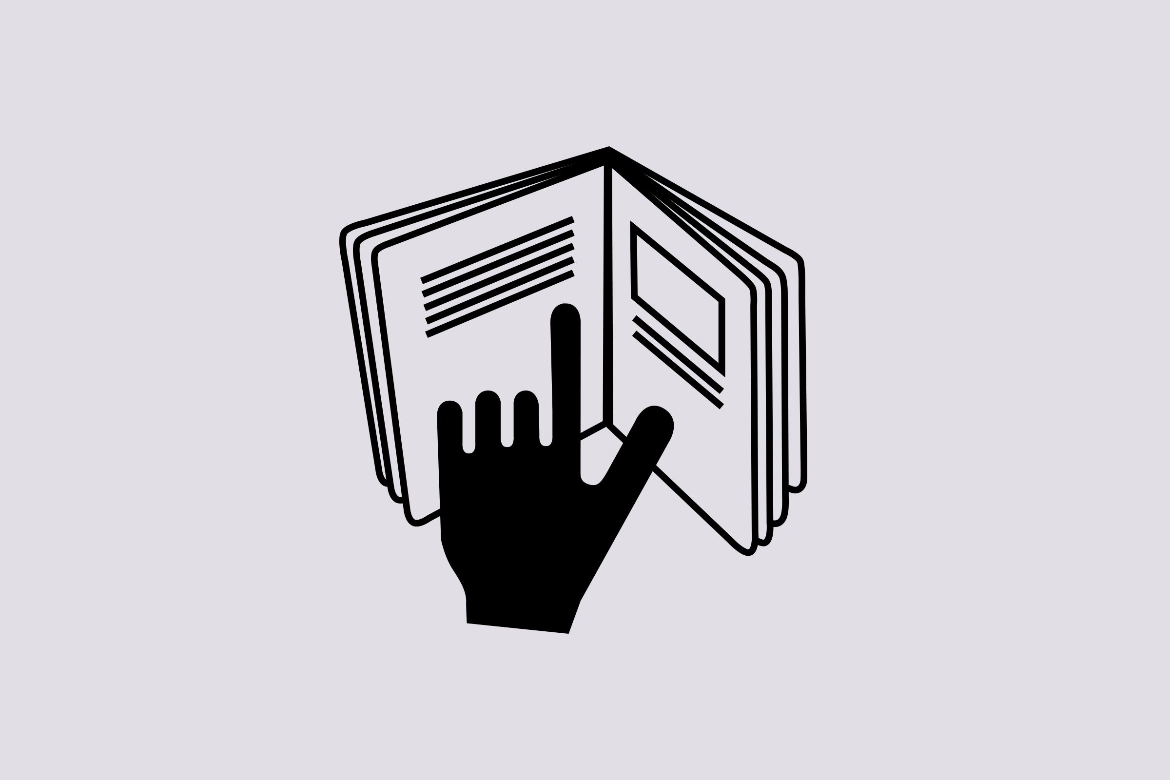 A hand points at an open book with text, on a light grey background.