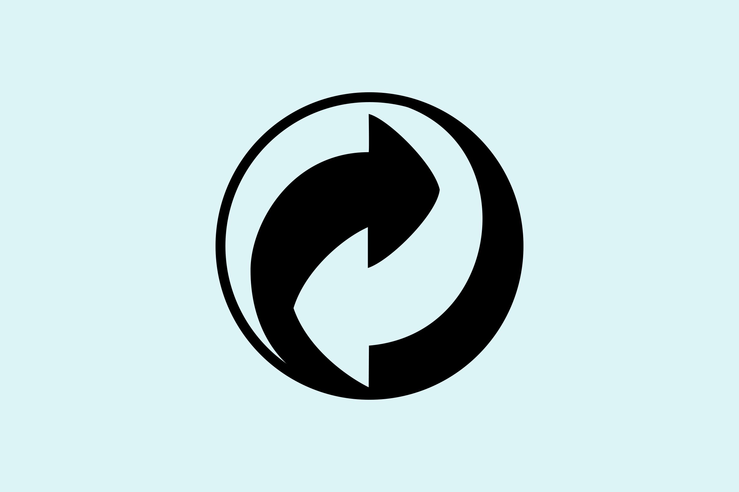 A black circular recycling logo features interlocking arrows on a light blue background.