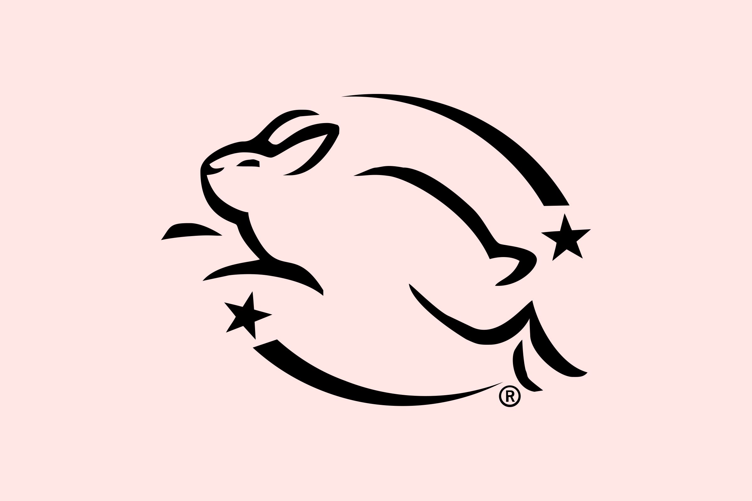 A rabbit jumps within a circular arc with stars on a light pink background.