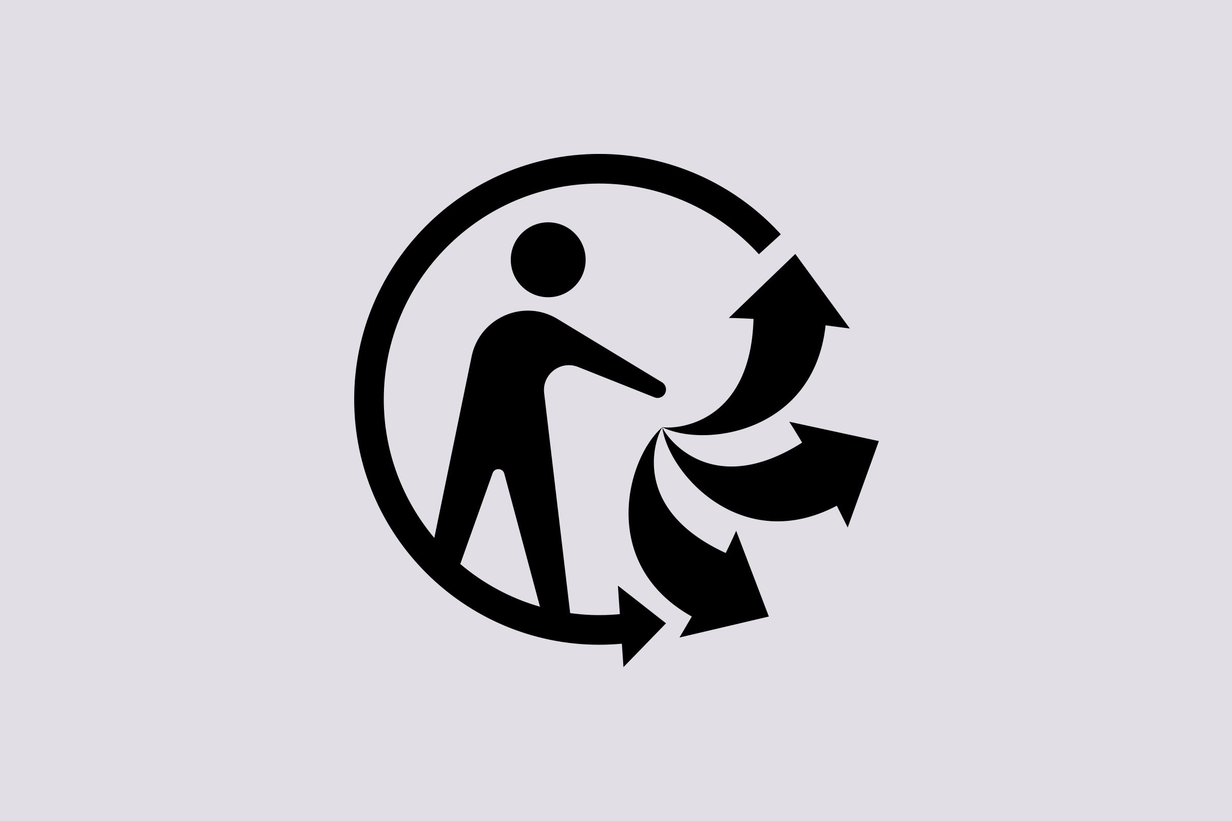 A person icon points towards three curved arrows, forming a recycling symbol inside a circle on a gray background.