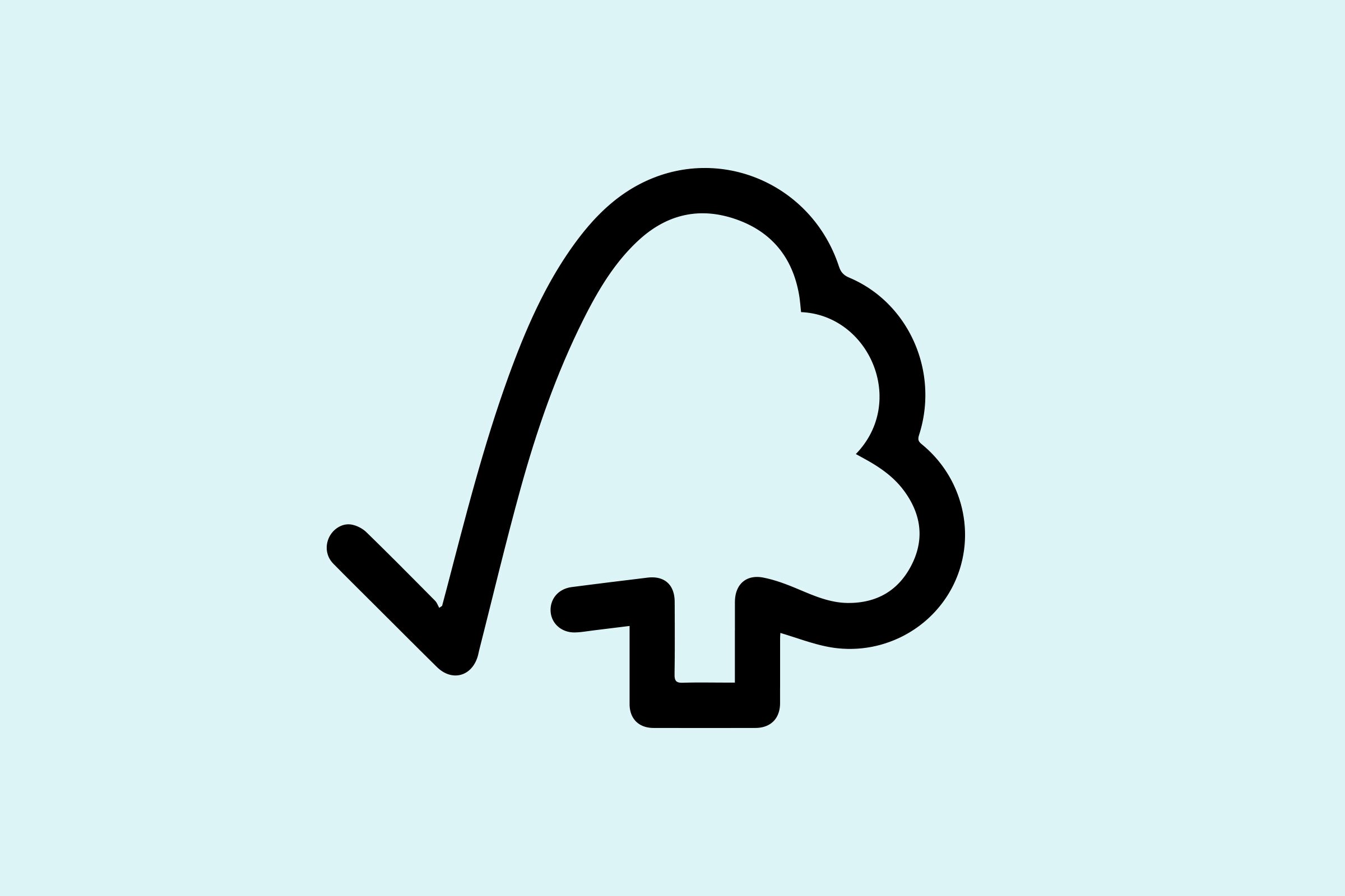 Black stylized tree checkmark logo on a light blue background.