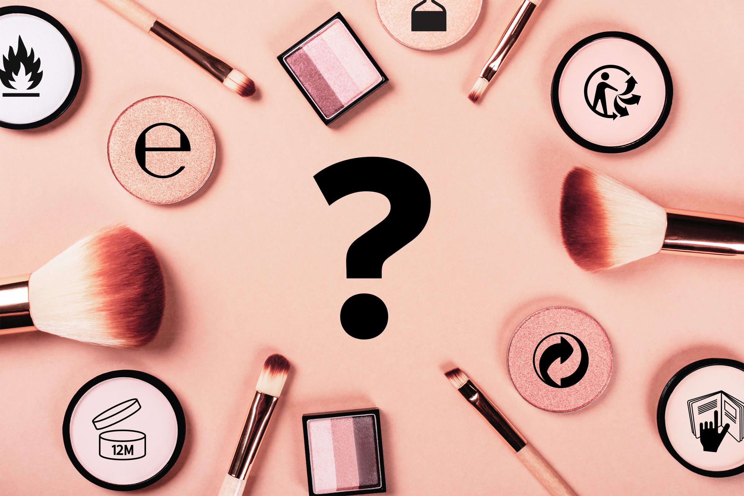 Cosmetic brushes and palettes encircle a large question mark, surrounded by icons of a flame, open book, "e", recycling, and "12M".