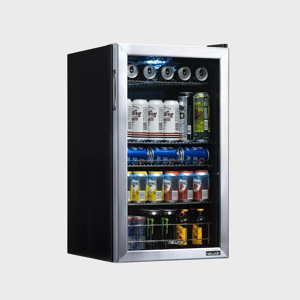 Refrigerator displays assorted beverage cans and bottles on multiple shelves in a sleek, metallic design, set against a plain background.