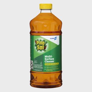 A large brown bottle with a yellow cap contains Pine-Sol multi-surface cleaner, amidst a simple background. It eliminates odors and cleans.