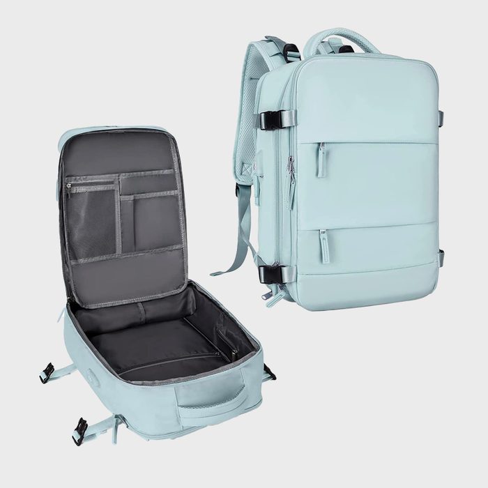 Backpack with multiple compartments is open and displayed, showing interior pockets; another identical closed backpack, mint color, is shown for context.