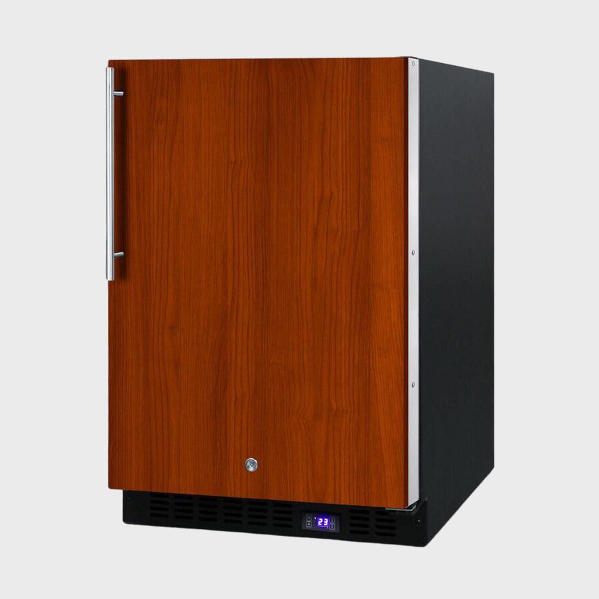 Wood-paneled mini fridge displays temperature on digital screen, set against a plain gray background.