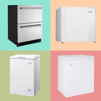 Four freezers are displayed against colorful backgrounds, including a stainless steel drawer style, mini fridge, and two chest models by different brands.