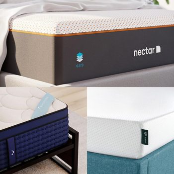 Three mattresses are placed on different bed frames. The "Nectar" mattress features orange accents; another has a quilted white surface, and one is textured white.