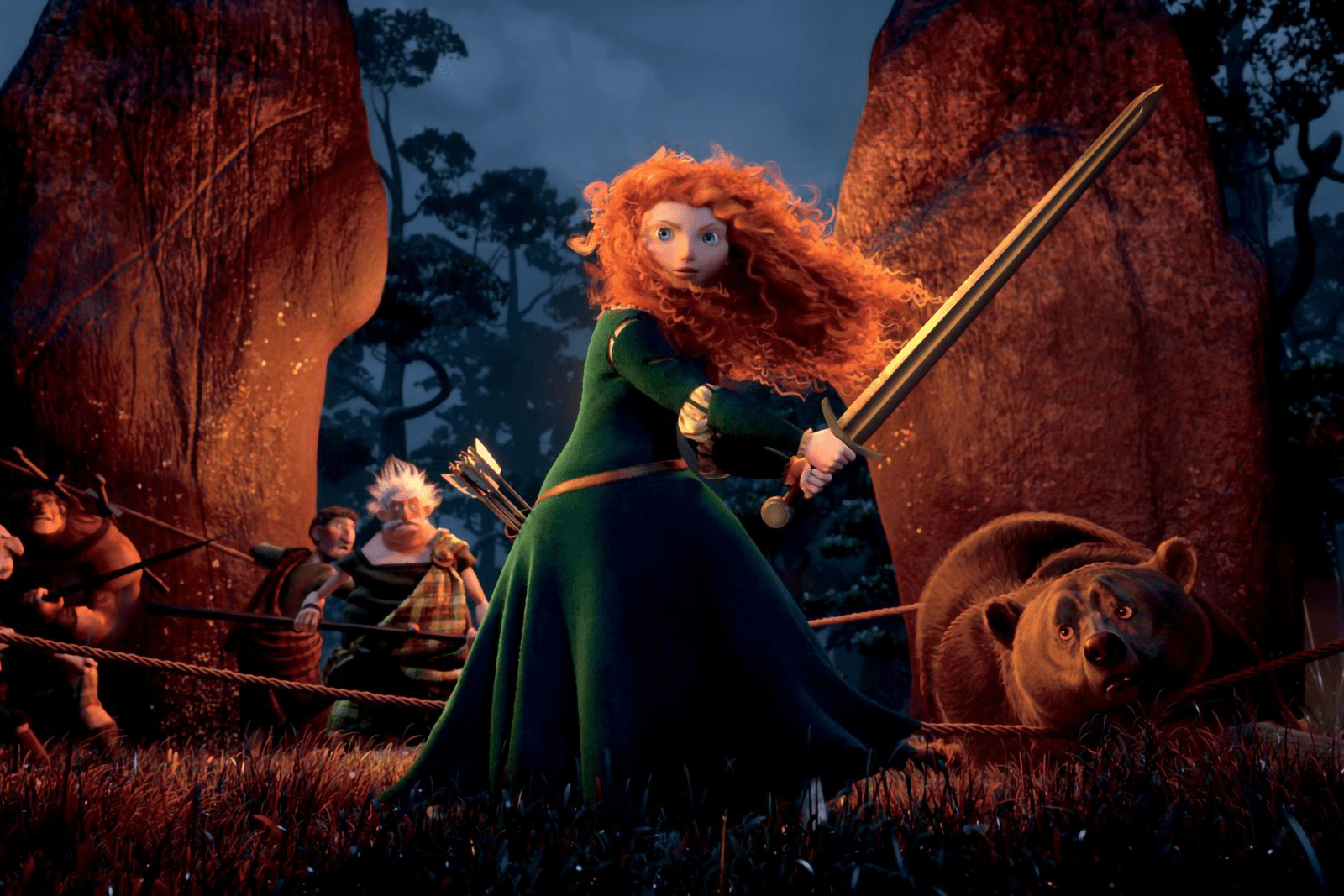 A character with curly red hair wields a sword confidently among large stones. Nearby, a bear and people react in a dark forest setting.