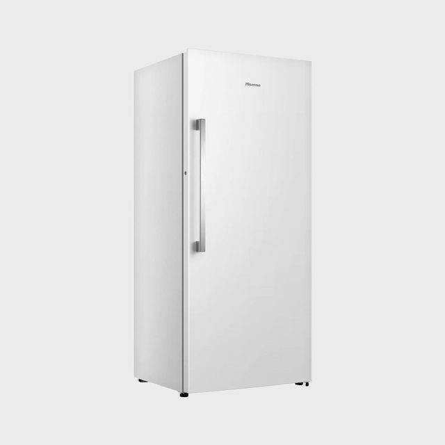 White refrigerator stands upright; features a single door with a silver handle in plain, gray background. The brand name 