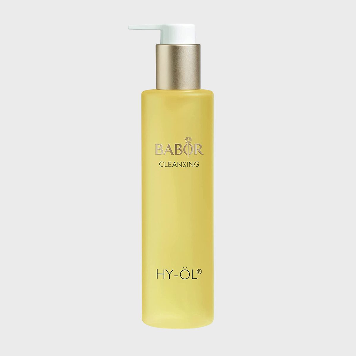 A yellow bottle with a pump dispenser displays "BABOR CLEANSING HY-Ã–LÂ®" in a minimalist, neutral-colored background.