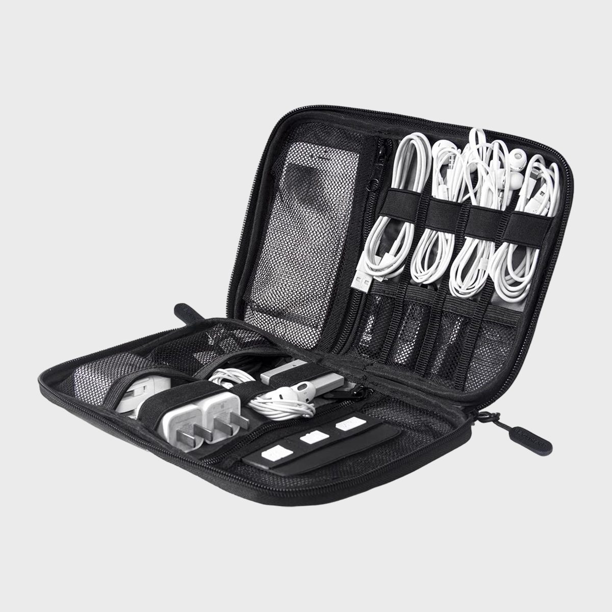 A black zippered organizer holds neatly arranged cables and chargers in elastic bands and mesh pockets, placed on a neutral background.